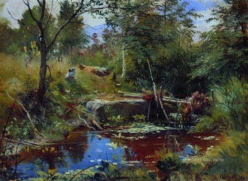 paisaje con puente arroyo Ivan Ivanovich Pinturas al óleo